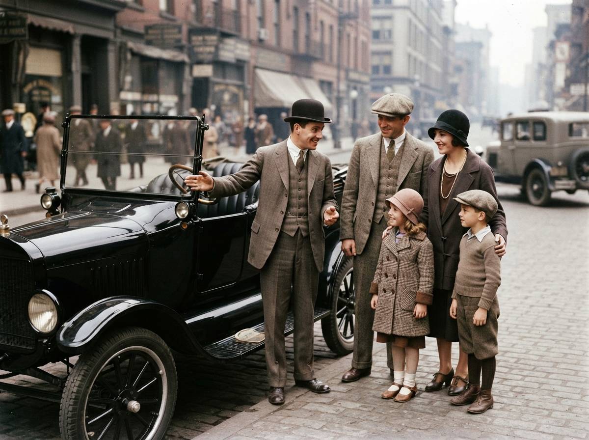 A department store clerk shows a family a new radio and appliances in the 1920s.
