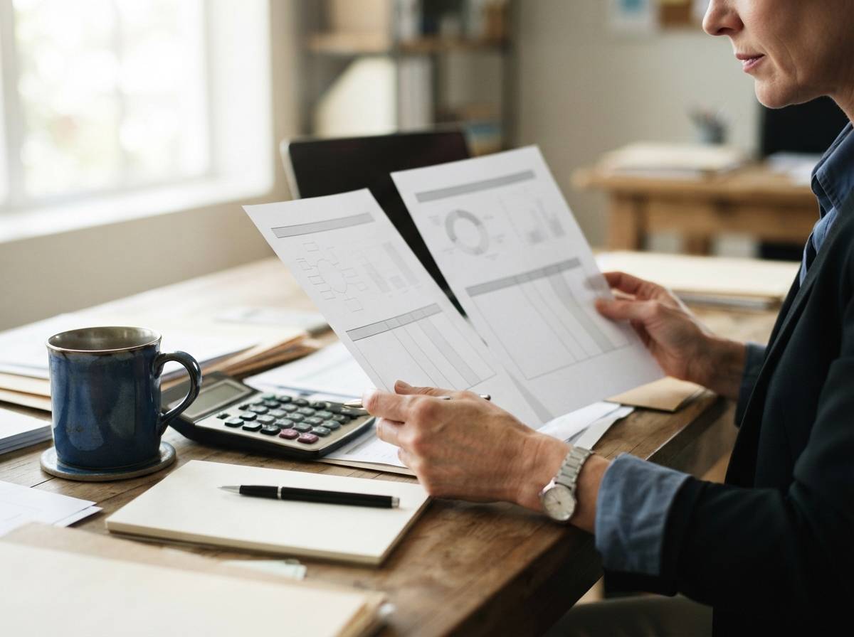 A financial advisor compares printed expense ratio summaries for different investment funds on a desk.