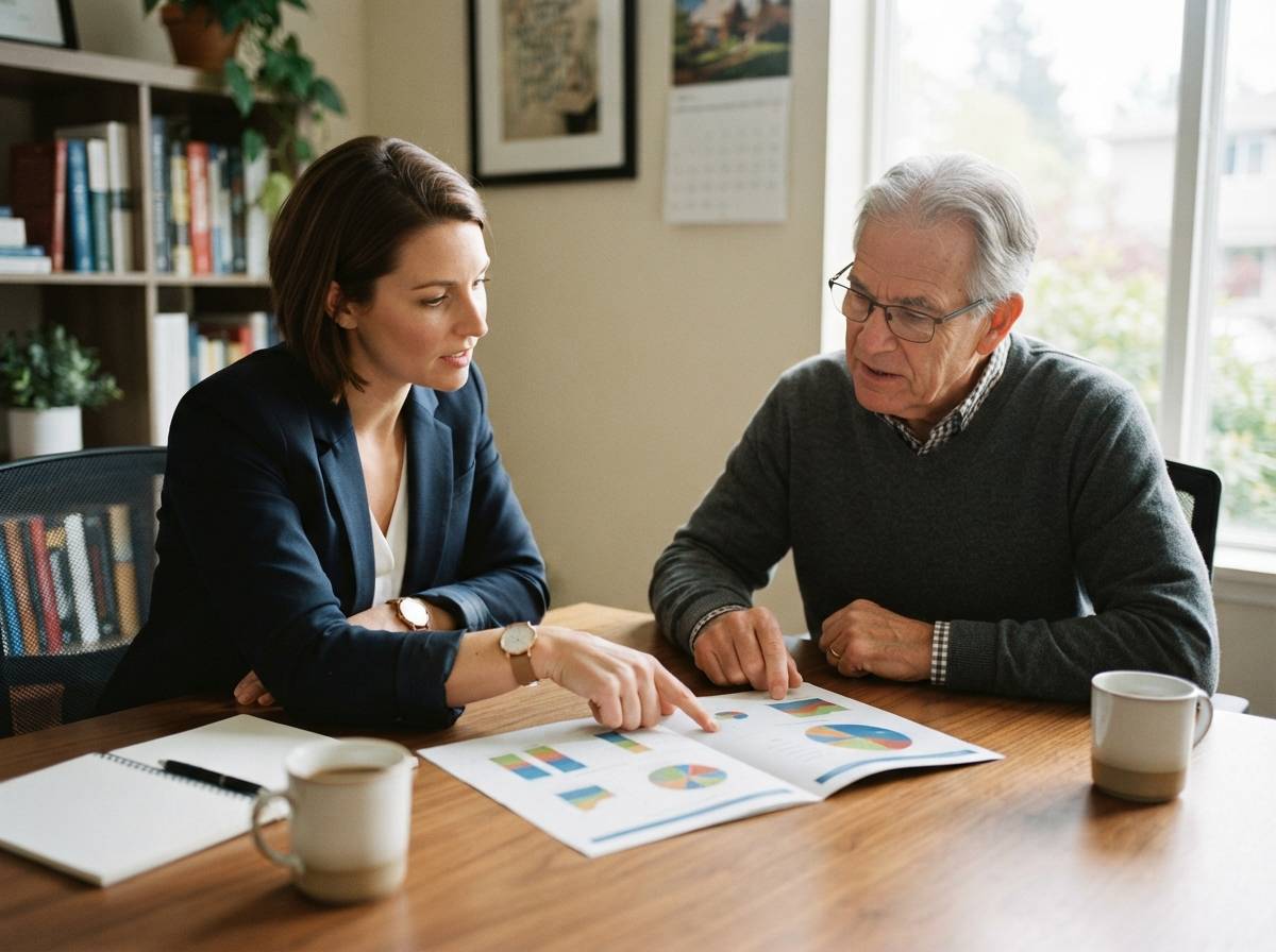 A financial advisor discusses a diversified portfolio plan with a client in a sunlit office.