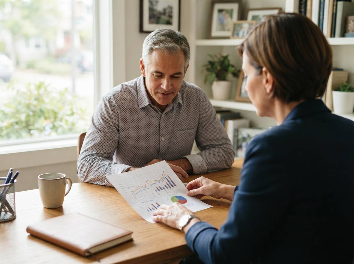 A financial advisor points to a retirement savings projection while speaking with a client in an office.