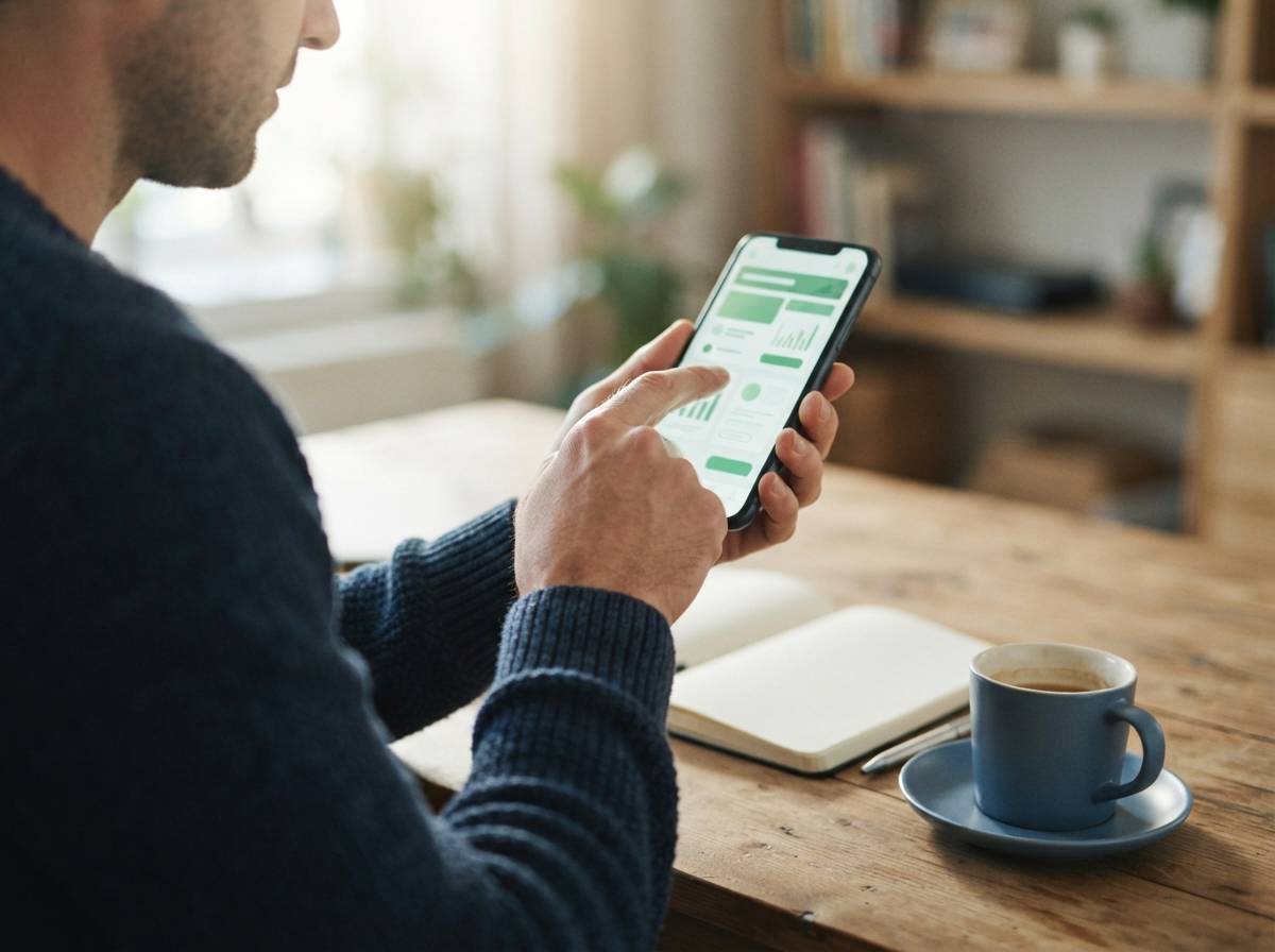 A hand taps a stock purchase screen on a mobile brokerage app.