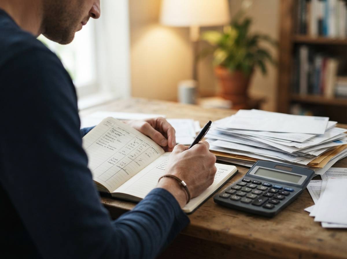 A person calculates retirement budget figures by hand next to a stack of financial statements.