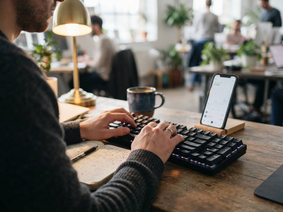 A person checks a cryptocurrency wallet app on a smartphone next to a keyboard and notebook.
