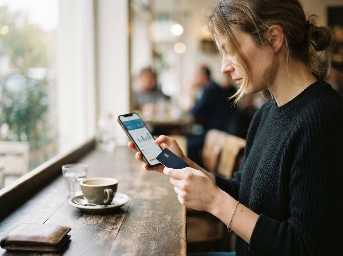 A person holds a debit card while checking a banking app on their phone.
