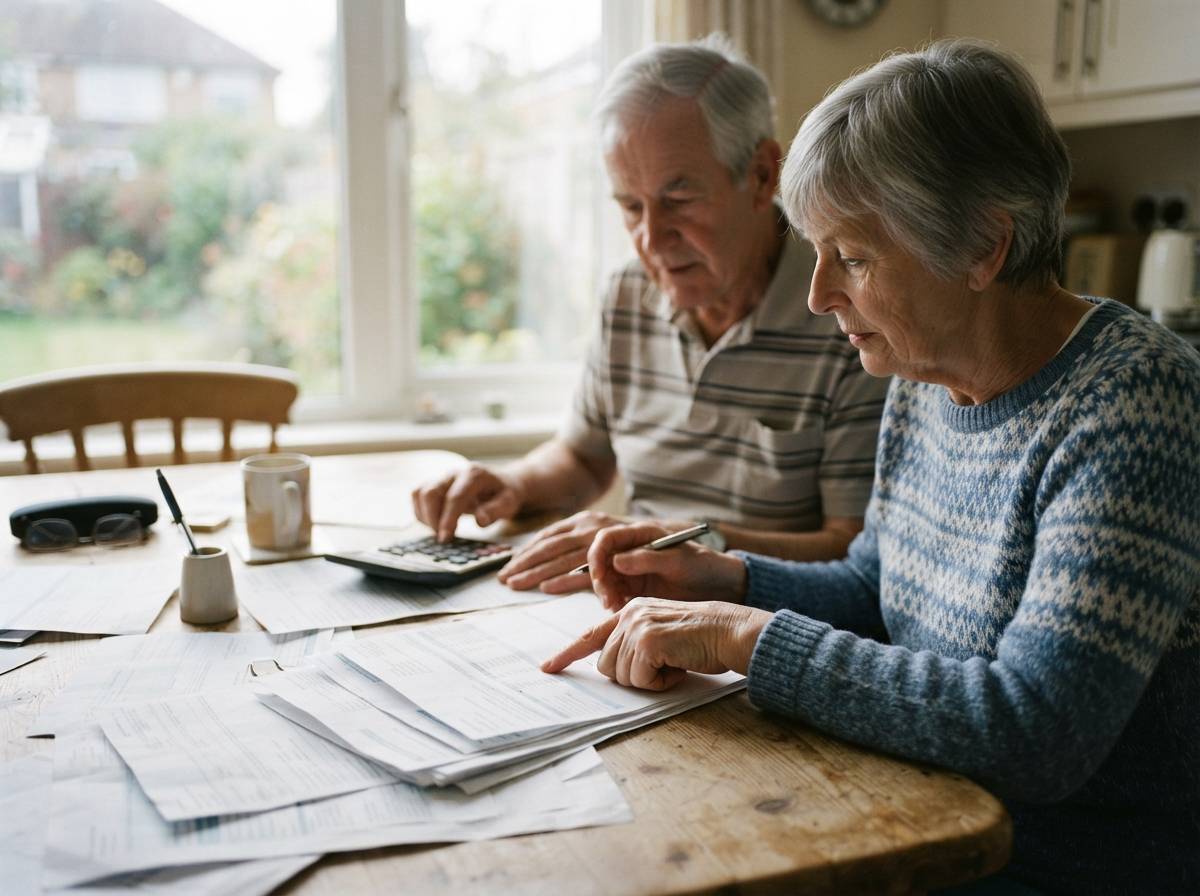 A retired couple reviews financial statements and a calculator at their kitchen table.