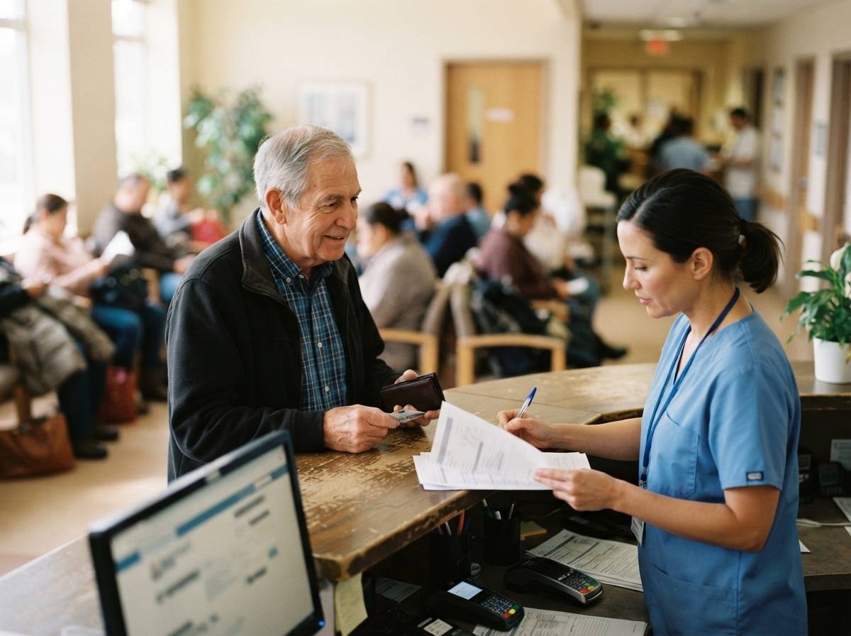 A retired man checks in at a hospital reception desk while a nurse reviews paperwork.