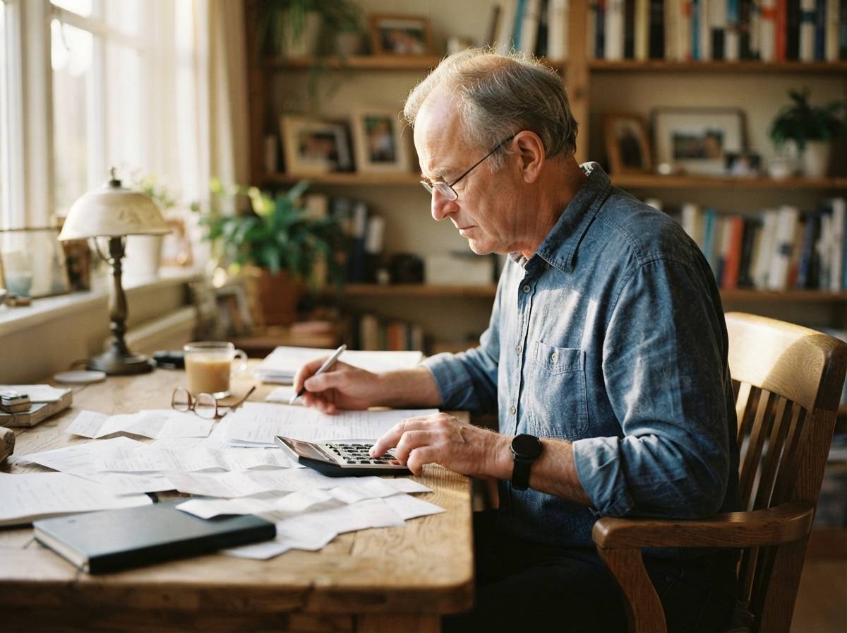 A retired man reviewing financial documents and a calculator at his home desk in afternoon light.