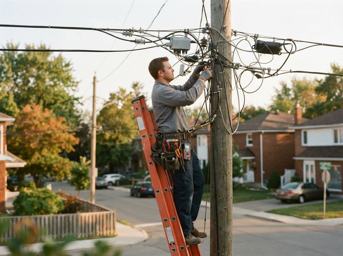 A technician works on overhead broadband cable lines in a residential neighborhood.