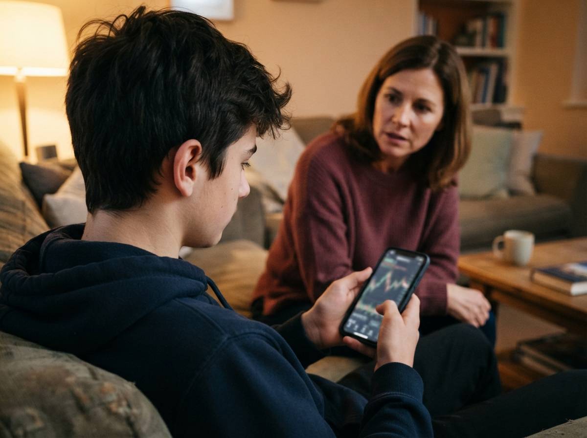A teenager checks a stock trading app on a smartphone while a parent watches nearby.