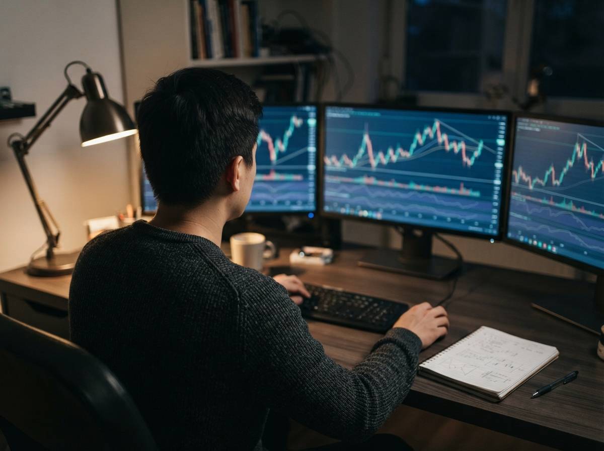 A trader studies candlestick price charts on multiple monitors at a home desk.