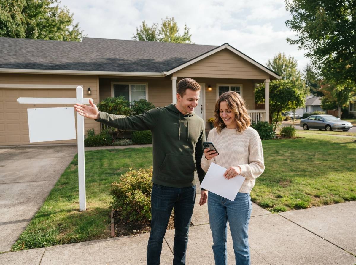 A young couple looks at a real estate flyer outside a house for sale.