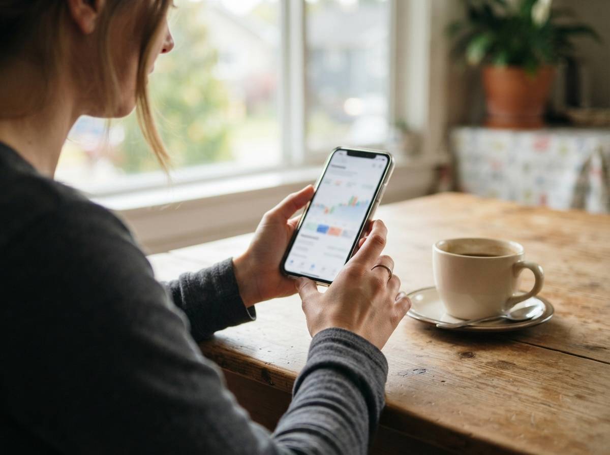 A young investor reviews a brokerage app on a smartphone at a kitchen table in the morning.