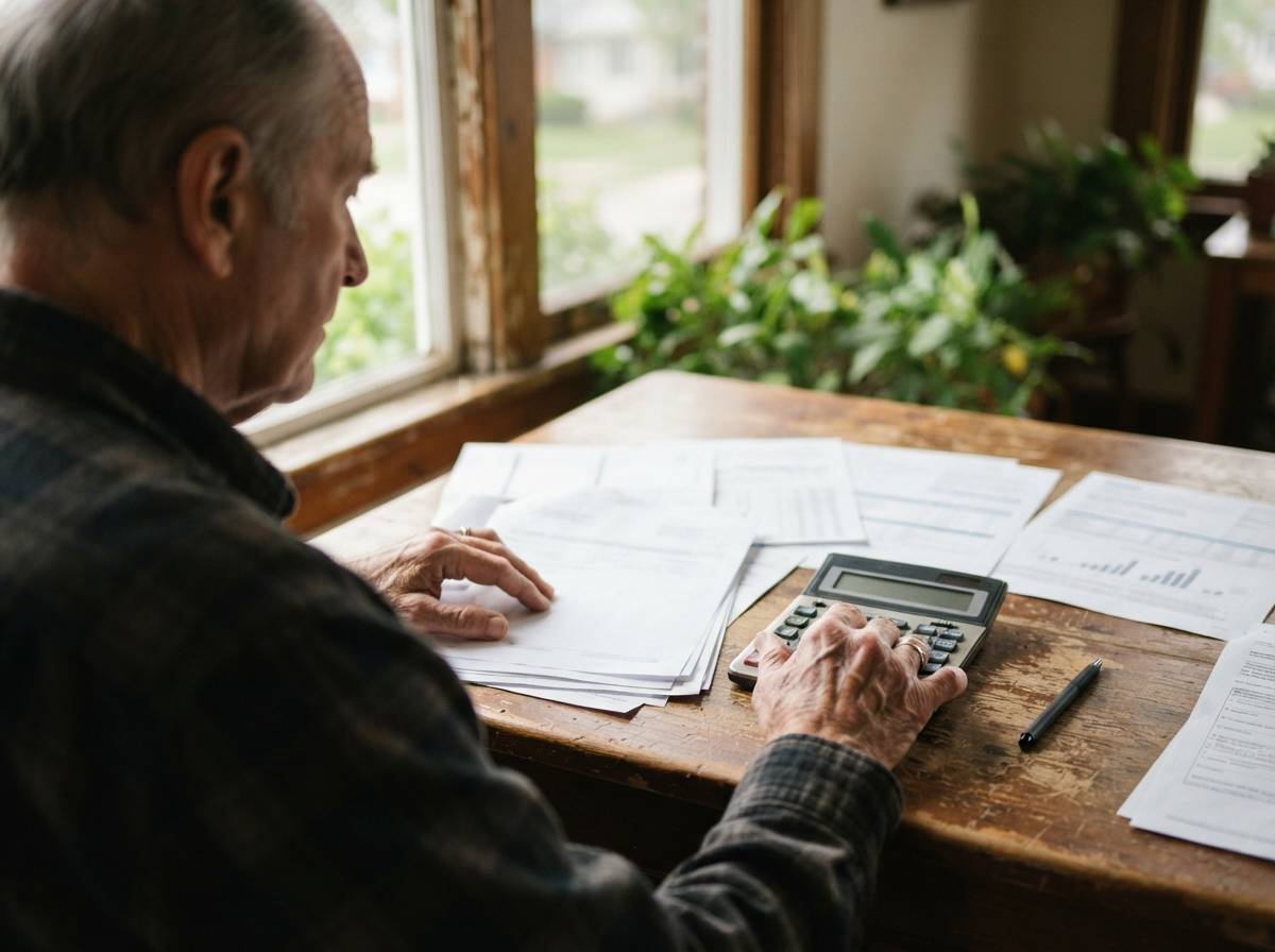 An older man sorts through retirement account paperwork at a desk near a window.