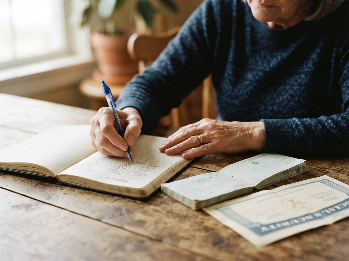 An older woman writes budget figures into a notebook beside a Social Security benefits statement.