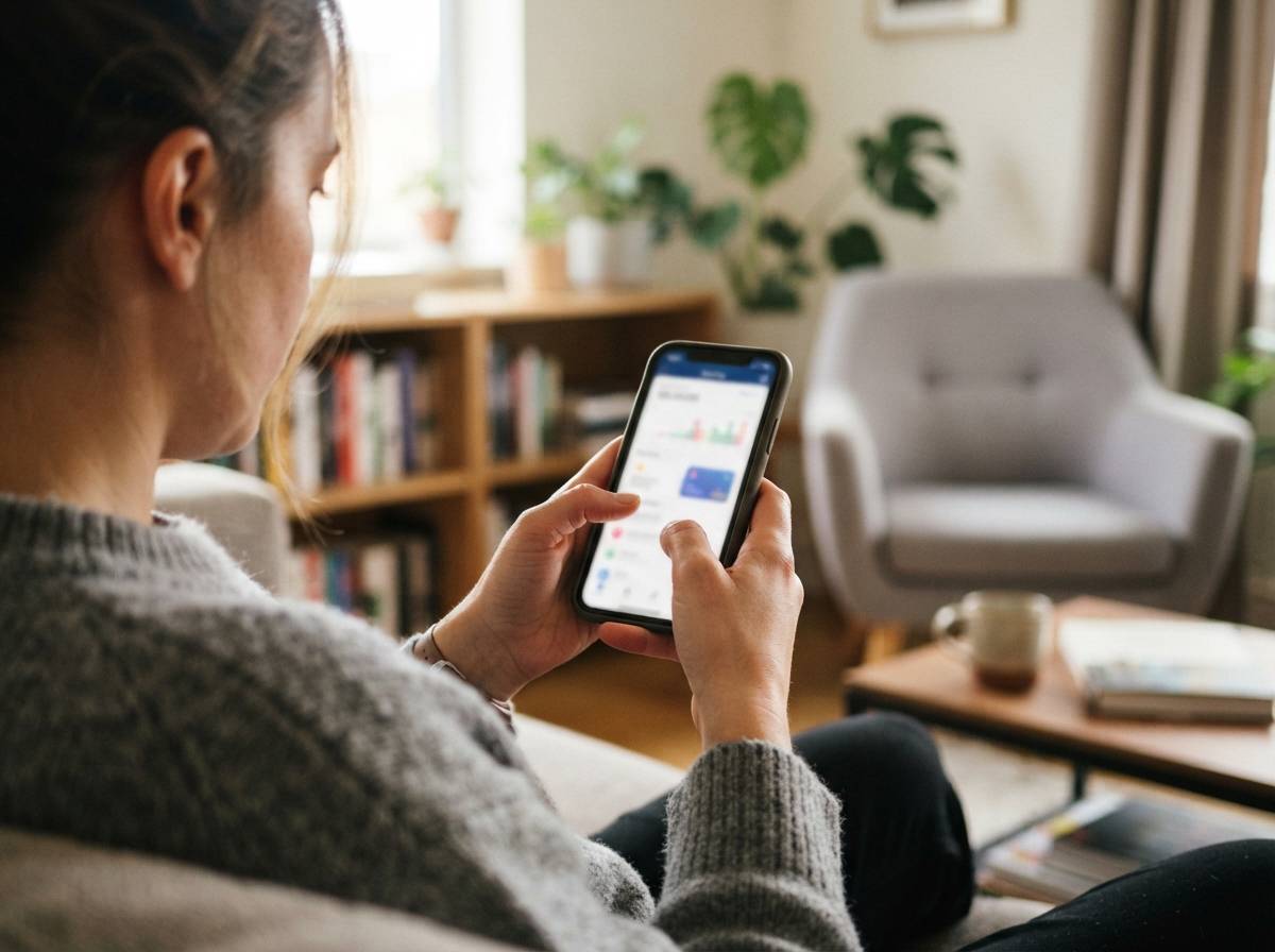 Close up of hands holding a smartphone showing a banking app on screen.