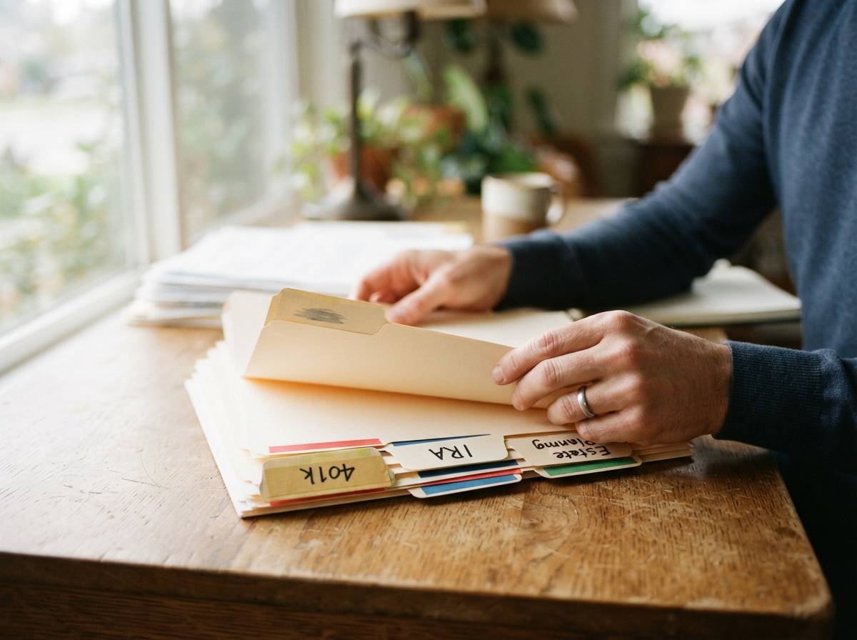 Hands sort labeled retirement planning folders on a desk near a window.