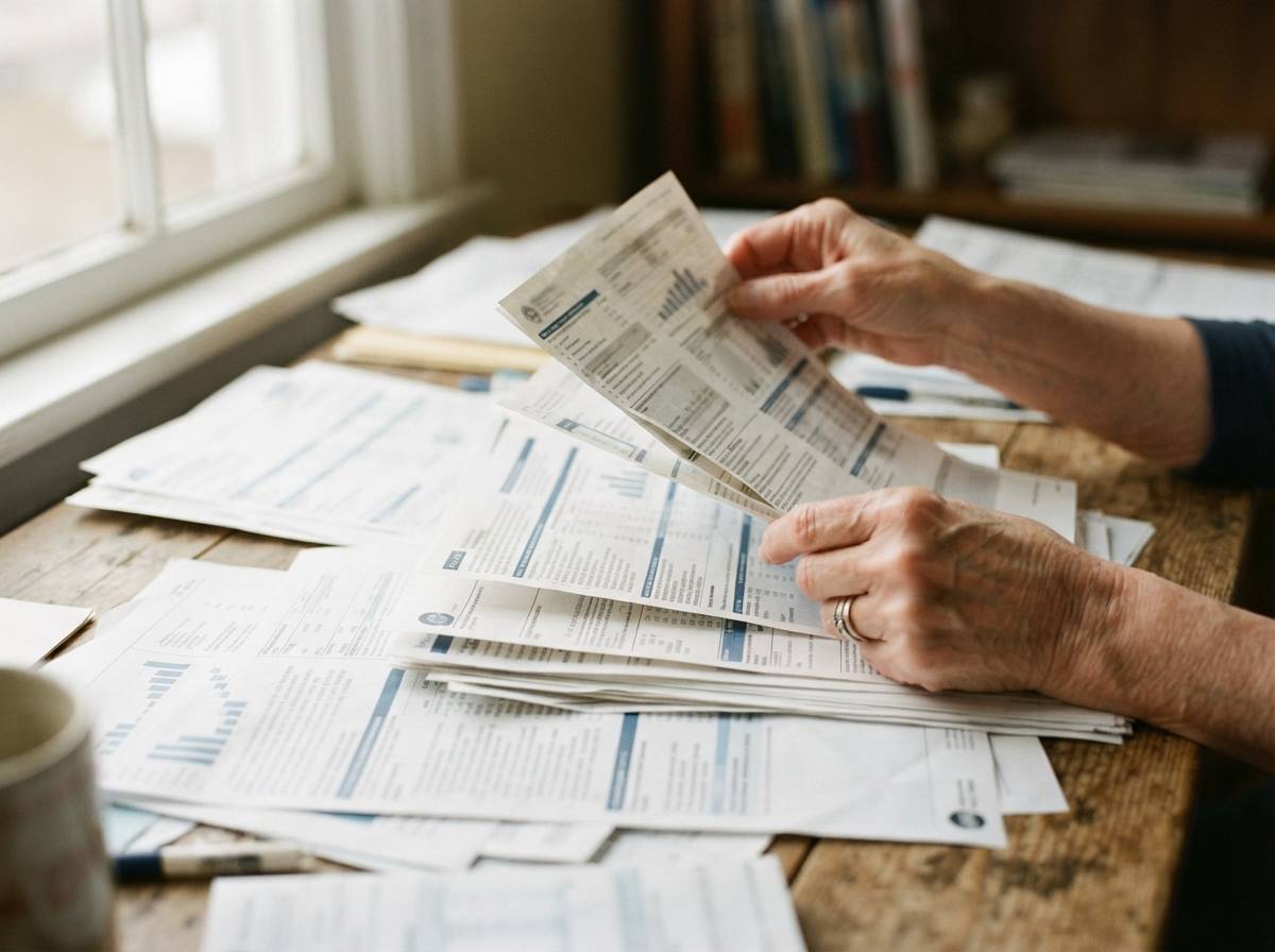 Printed retirement account and Social Security statements spread across a desk.